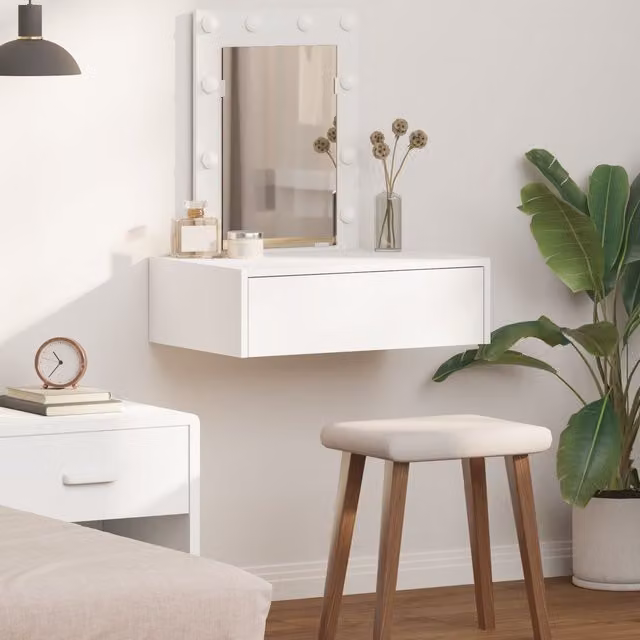 Berkfield Home Wall Hanging Dressing Table with Hollywood LED Lights, White, W/D/H: 70 x 40 x 60 cm