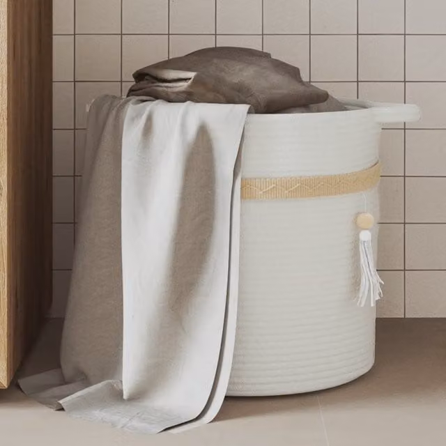 Berkfield White Cotton Open Weave Storage Basket with Handles, W: 38 cm, D: 36 cm, H: 36 cm