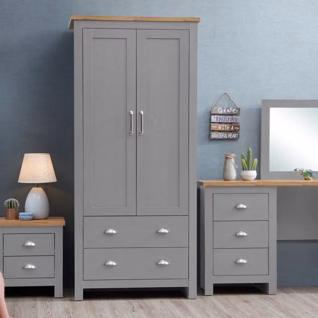 Timber Art Design UK Lisbon Modern 2 Door 2 Drawer Wardrobe in Light Grey Oak Finish