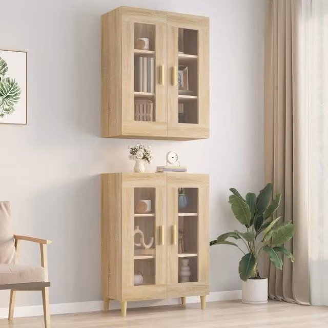 Berkfield Home Hanging Wall Cabinet in Sonoma Oak Brown with Glass Doors, W/D/H: 69.5 x 34 x 90 cm
