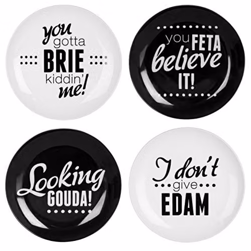 Orsina Set of 4 Porcelain Cheese Slogan Side Plates, Black and White