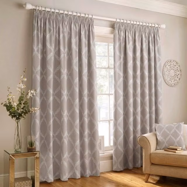 Make It A Home Olivia Lattice Room Darkening Pencil Pleat Curtain Pair, Grey, Width: 168 cm, Height: 183 cm