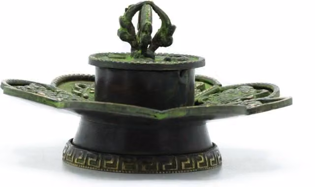 KDMD Brass Verdigris Tibetan Cone and Incense Holder in Green