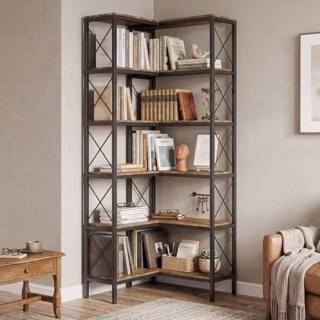 HOMCOM L-Shaped 6-Tier Corner Bookshelf with Metal Frame in Rustic Brown, Height: 167 cm