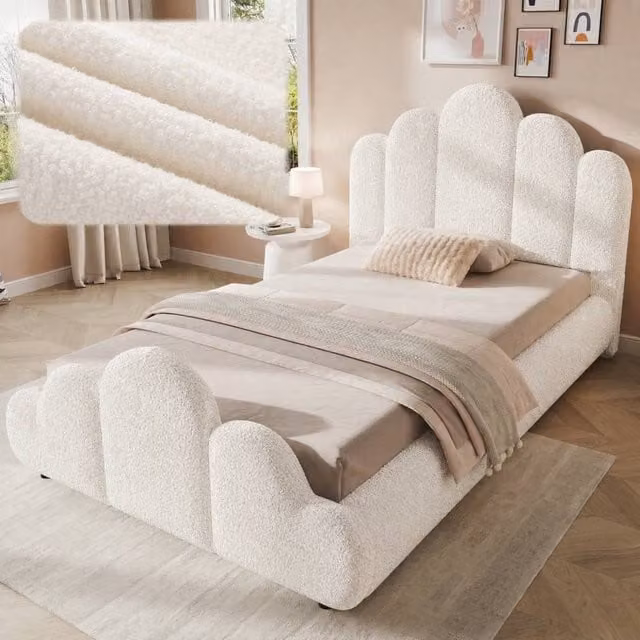 Matteo 3FT Single Upholstered Petal-Shaped Bed Frame in Beige Bouclé, W/D/H: 90 x 190 cm