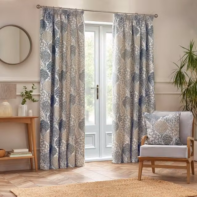 Make It A Home Ophelia Floral Jacquard Pencil Pleat Curtains in Wedgewood, Width: 137 cm, Height: 117 cm
