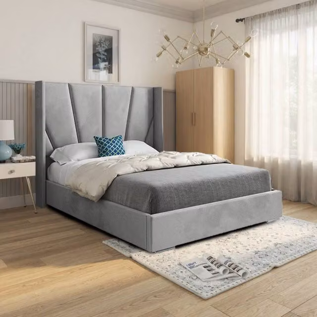 KDMD Glapthorn Wide Curved Grey Soft Velvet Upholstered Designer Bed Frame, W/D/H: 180 x 159 x 137 cm