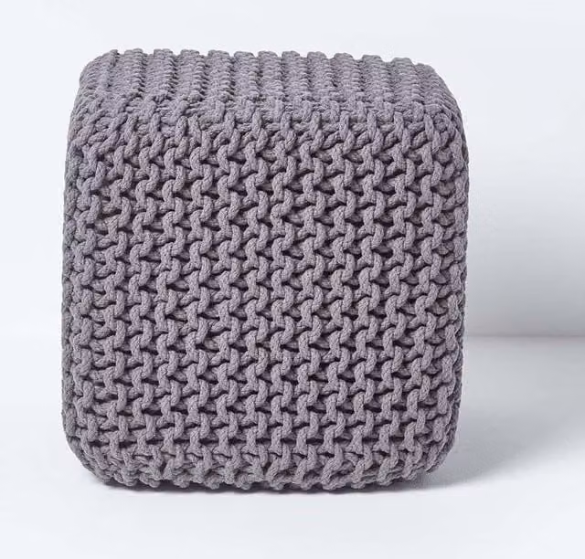 Homescapes Cube Cotton Knitted Pouffe Footstool in Grey