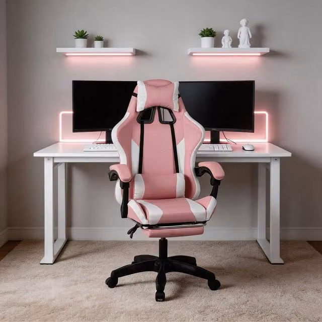 Home Source Neuro Pink Adjustable Gaming Chair with Footrest, Headrest and Lumbar Support