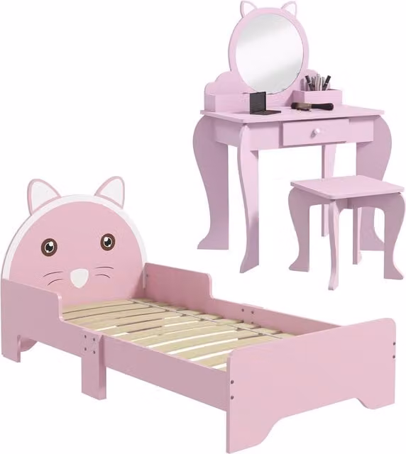 ZONEKIZ Multicolour Childrens Wooden Bedroom Set with Bed, Dressing Table and Stool for Ages 3-6