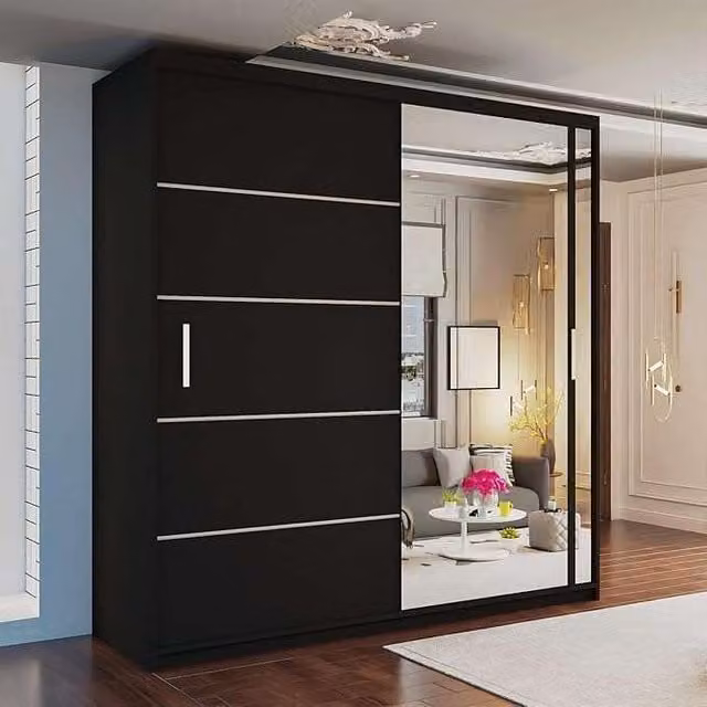 MN Furniture Modern Double Door Sliding Mirror Wardrobe with Integrated LED Lighting in Black, W/H: 203 x 217 cm