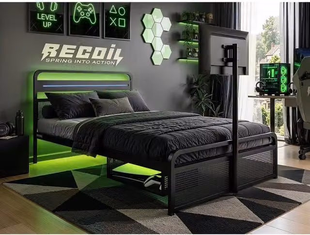 Recoil Modern Metal Bed in Black with Under-Bed Lighting and Side Compartments, W/D/H: 120 x 200 cm