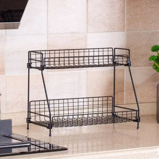 KORVIXA 2 Tier Metal Wire Tabletop Shelf in Black, W/D/H: 41.5 x 16 x 30 cm