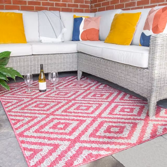 The Rug House Pink and Grey Diamond Geometric Flatweave Indoor Outdoor Rug, W: 230 cm, D: 160 cm