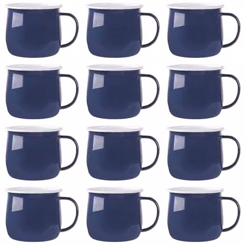 Argon Tableware Enamel Belly Mugs, 375ml, Blue and White, Set of 12