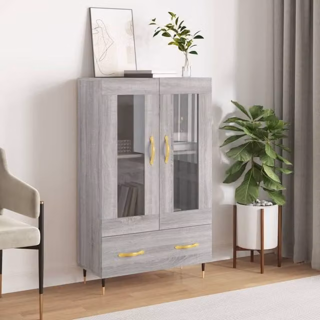 Berkfield Home Modern Grey Sonoma Highboard with Glass Doors, W/D/H: 69.5 x 31 x 115 cm