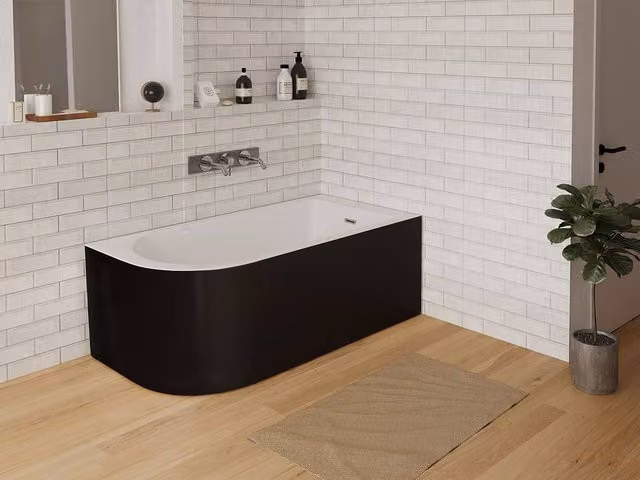 Vente-unique Glossy Black Acrylic Corner Bathtub with Apron, W/D/H: 150 x 75 x 58 cm, 201 l Capacity