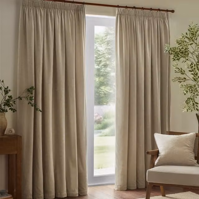Make It A Home Heavy Chenille Velvet Pencil Pleat Room Darkening Curtains in White and Beige, H: 229 cm, W: 168 cm