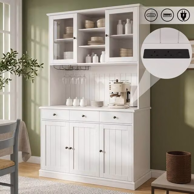 BTM Tall Kitchen Cabinet with Power Outlet, USB, and Wine Glass Holder, White, W/D/H: 40 x 40 x 191 cm