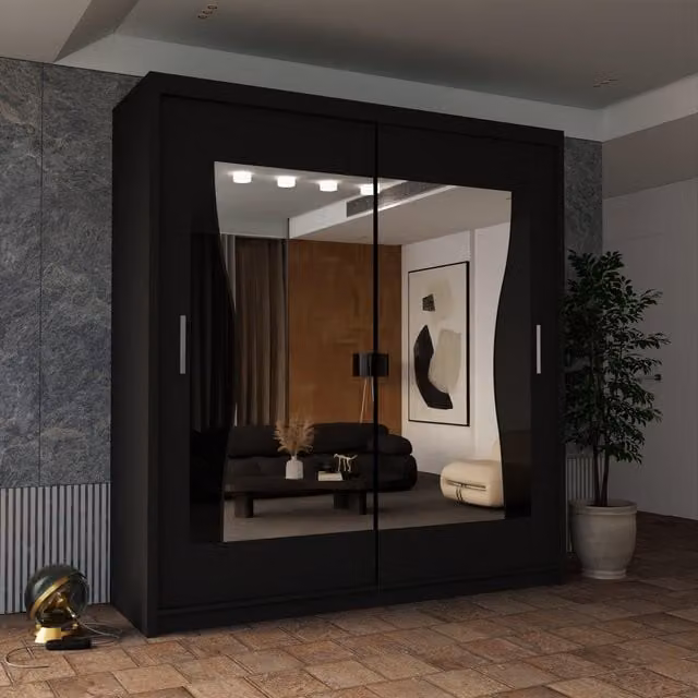 Sliding Wardrobes 4U Curved Mirror Sliding Door Wardrobe in Black, W: 150 cm, H: 217 cm