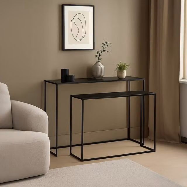 Orsina Set of Two Black Glossy Glass and Metal Console Tables