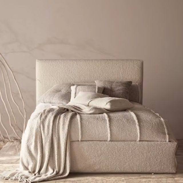 Casani Minimalist Upholstered Boucle Bed Frame in White, Orange or Beige, W/D/H: 120 x 200 cm