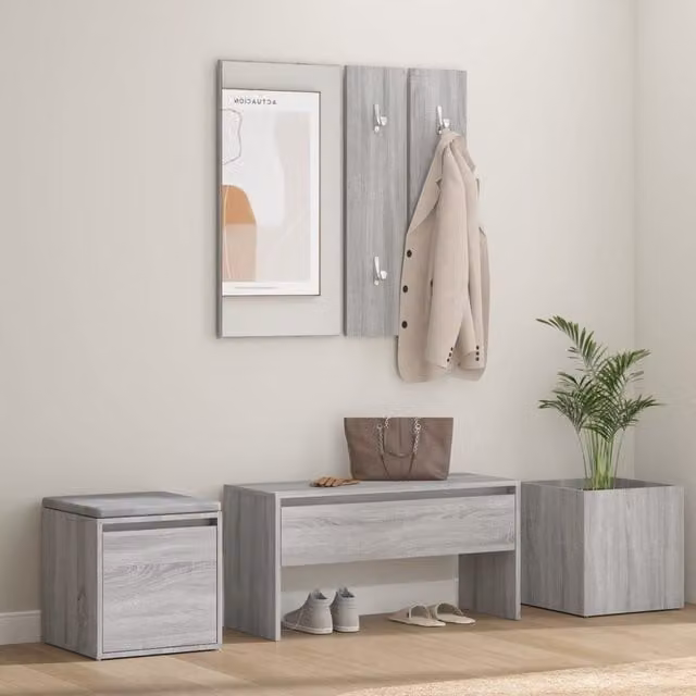 Berkfield Home Modern Grey Sonoma Hallway Furniture Set with Bench, Mirror and Wall Rack