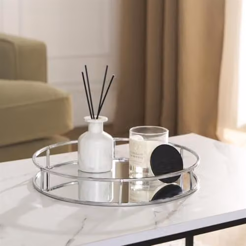 OHS Round Silver Mirrored Glass and Metal Decorative Tray, Diameter: 30 cm