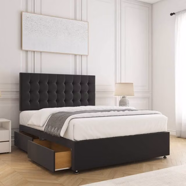 BSSPOKE Maria Plush Velvet Divan Bed Set with 24 inch Headboard, 4 Drawers and Mattress in Black, Size: Double (W/D/H: 140 x 200 cm)