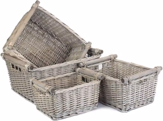 Red Hamper Set of 4 Grey Wicker Storage Baskets with Wooden Handles