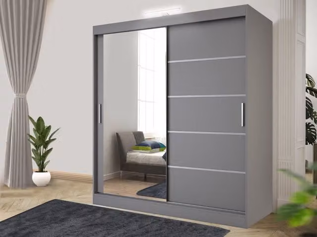 RAC3 Modern Sliding Door Wardrobe with LED Lighting, Mirror and Integrated Drawers in White and Grey, W: 120 cm