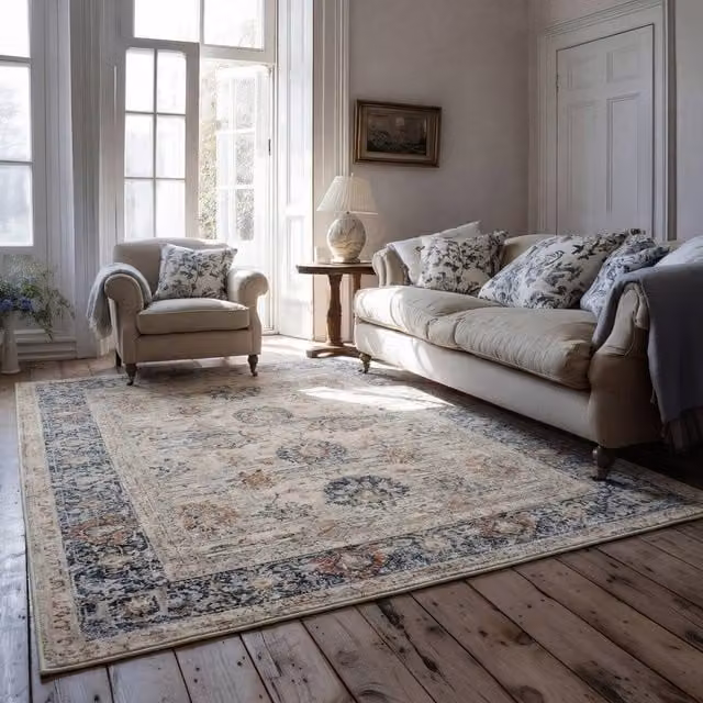 Kukoon Floral Distressed Machine Washable Living Room Area Rug in Beige, Blue and Multicolour, W: 80 cm, L: 150 cm