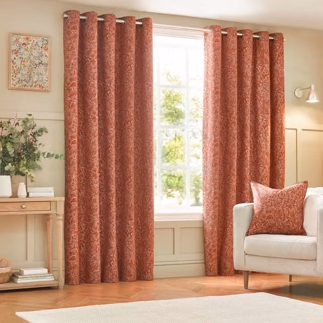Grantley Set of 2 Red Floral Jacquard Eyelet Curtains, Semi-Transparent, Width: 183 cm, Height: 229 cm