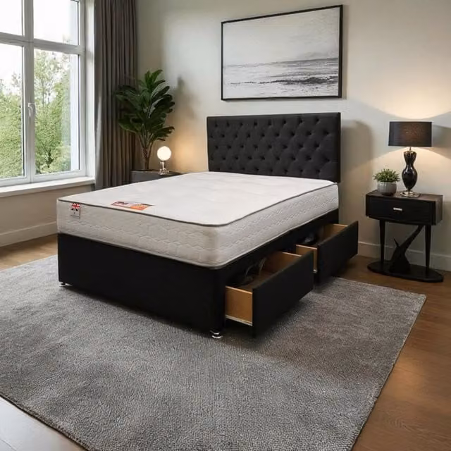 Knight Sleep Athens Plush Bed Set with Mattress and 24 inch Headboard, Black, W/D/H: 180 x 200 cm