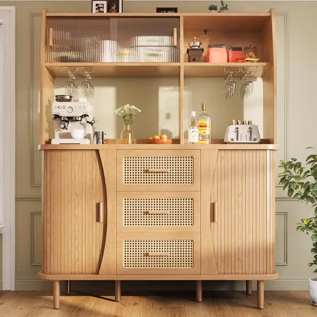 Merax Wood Effect Kitchen Pantry Cabinet and Coffee Bar in Natural Brown with Sliding Glass Doors, H: 174.5 cm, W: 140.0 cm, D: 40.5 cm