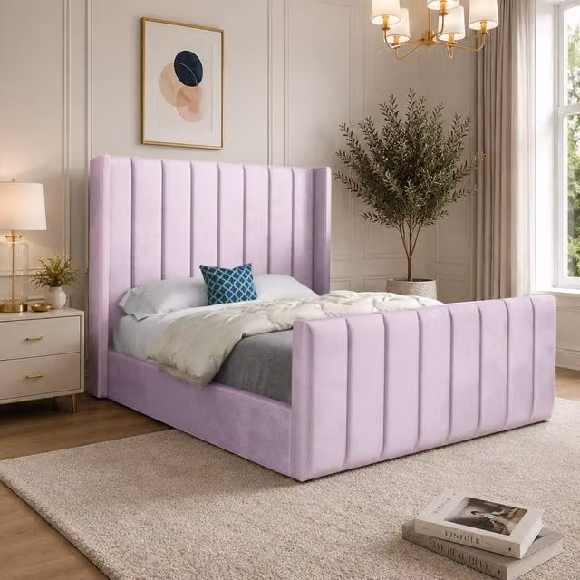 Casani Sherburn Straight Winged Designer Bed Frame in Pink Soft Velvet, Super King, W/D/H: 200 x 189 x 137 cm