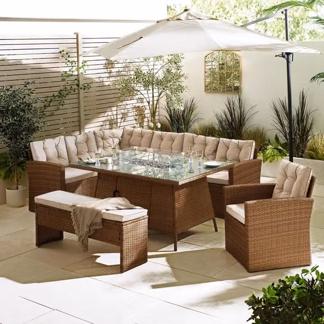 FurnitureboxUK Marbella 9 Seat Rattan Firepit Table Garden Dining Set in Beige