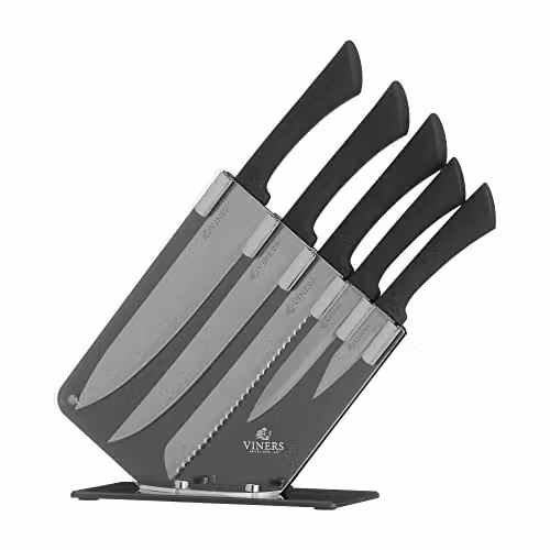 Viners 6 Piece Stainless Steel Knife Set with Block in Black featuring Soft Touch Handles