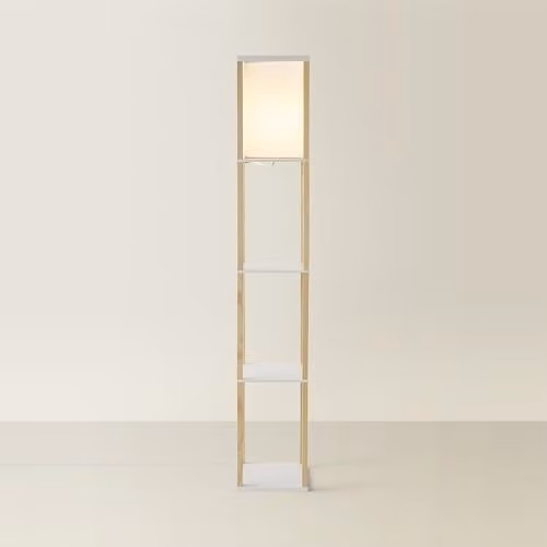 MiniSun Oak Wooden Floor Lamp with Shelves and White Fabric Shade in Brown