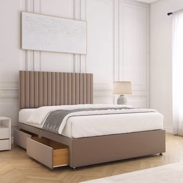 BSSPOKE Brooke Velvet Divan Bed Set with 24 inch Headboard, 2 Drawers and Mattress in Taupe, Double Size (W/D/H: 140 x 200 cm)
