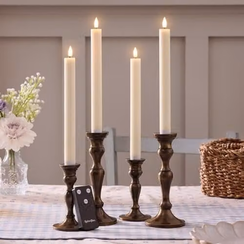 Lights4fun Set of 4 Ivory Real Wax Rechargeable USB TruGlow Flameless LED Taper Dinner Candles with Remote Control and Timer