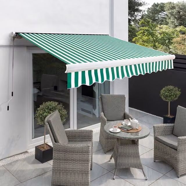 Primrose Manual Full Cassette Awning in Green and White Stripe, Width: 500 cm