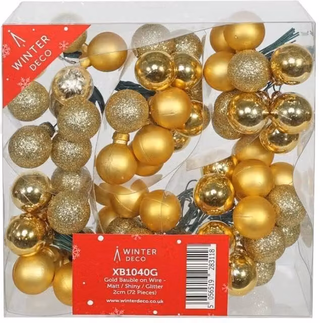 KDMD Gold Christmas Baubles on Wire, Matt and Shiny Glitter Finish, 72 Pack