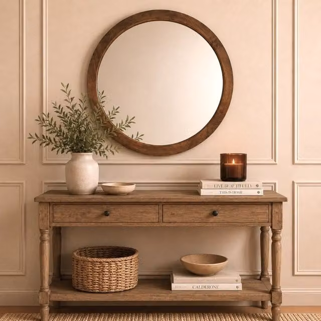 Elm Home And Garden Round Modern Solid Wood Wall Mirror in Brown