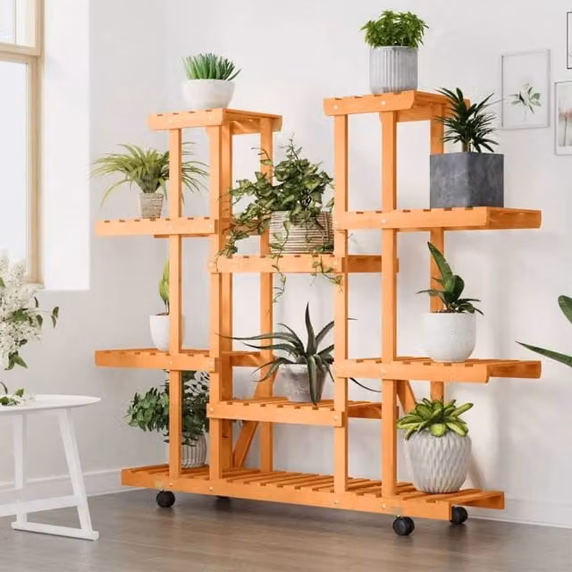 Berkfield Home Elegant Flower Stand with Wheels in Brown Solid Wood, W/D/H: 110 x 25 x 115 cm