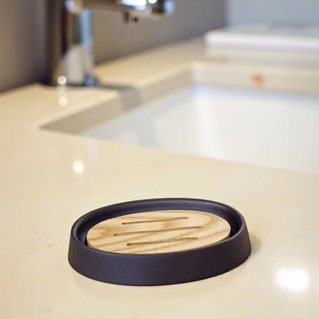 Showerdrape Sonata Black and Bamboo Resin Bathroom Accessory Set with Soap Dish and Toothbrush Holder
