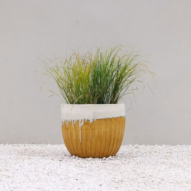 Primrose Ribbed Textured Glazed Round Clay Patio Planter in Two Tone Yellow and Brown, Diameter: 45 cm