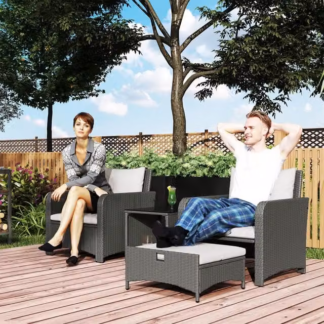 Outsunny 5 Piece Polyrattan Garden Furniture Set with Upholstered Cushions and Ottomans in Cream