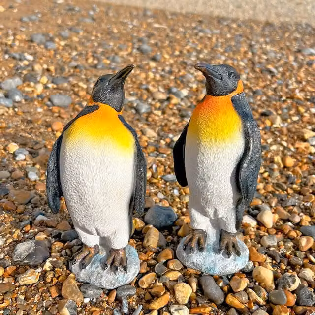 Farmwood Pair of King Penguin Bird Garden Ornaments, Black Resin Tabletop Decor