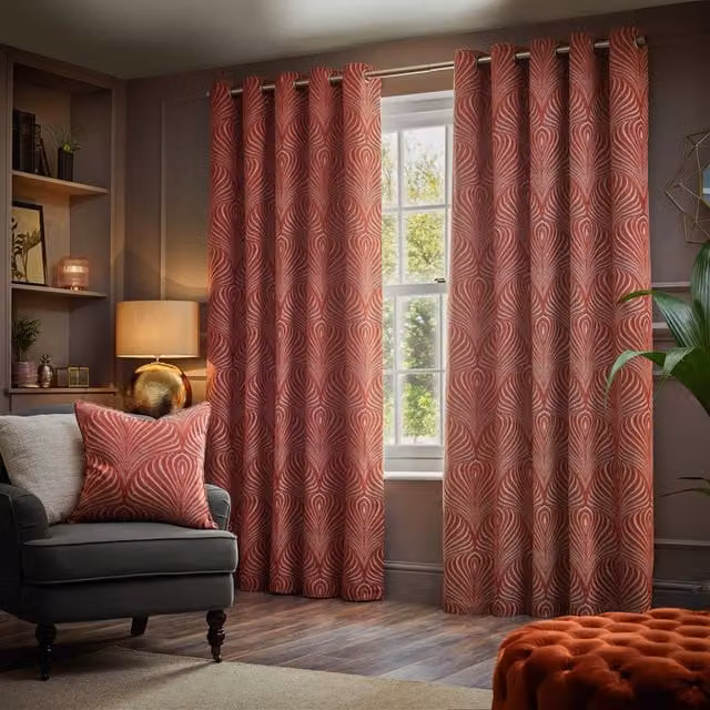 Make It A Home Gatsby Jacquard Eyelet Curtain Pair in Terracotta and Gold, W: 183 cm, H: 229 cm